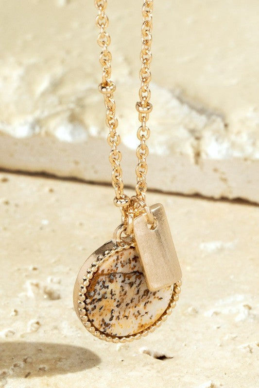 Round Stone & Bar Pendant Necklace-Natural