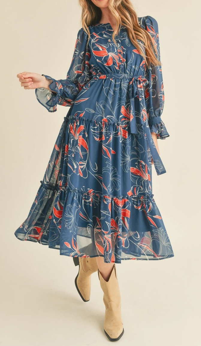 Blue Floral Chiffon Dress