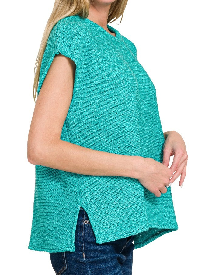 Oversized Crew Neck Cap Sleeve Vest-Turquoise