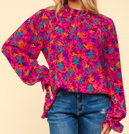 Magenta Floral Frilled Neck Top