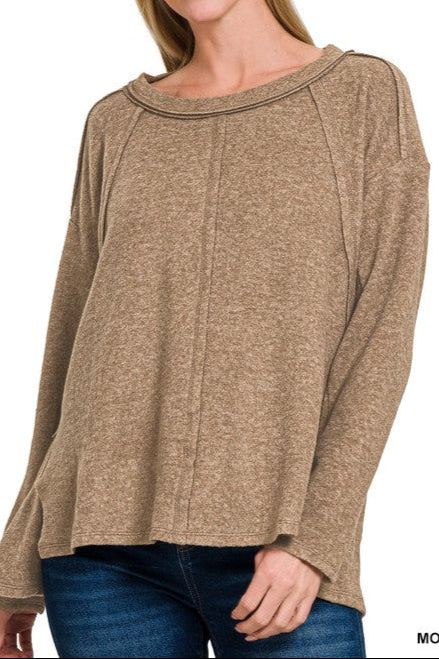 Brushed Hacci Hi Low Sweater-Mocha