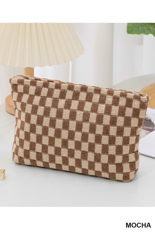 Check Zippered Cosmetic Pouch-Mocha