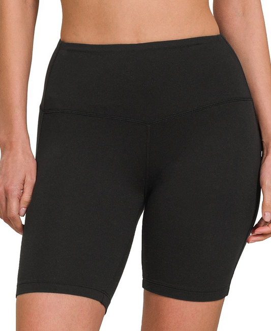Microfiber Wide Waistband Biker Shorts-Black