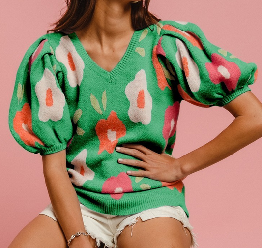 Floral Puff Sleeve V-Neck Sweater-Emerald