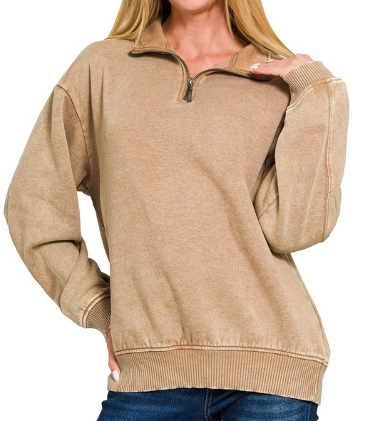 Acid Washed Fleece Half Zip Pullover-Camel