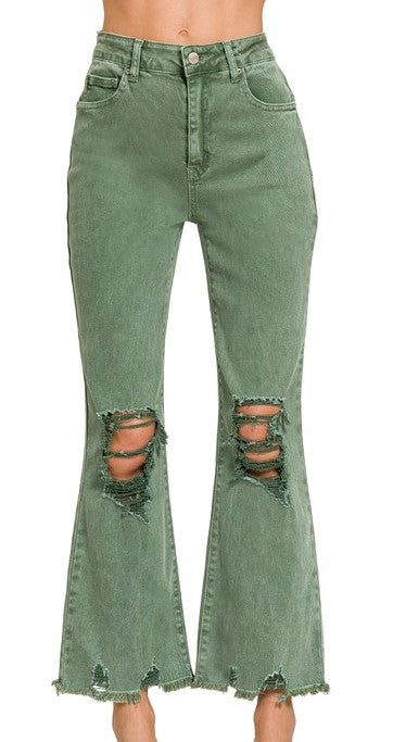 Acid Washed Distressed Jeans-Olive