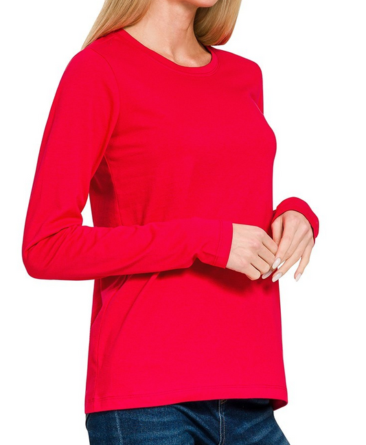 Long Sleeve Cotton Crew Neck Tee-Red