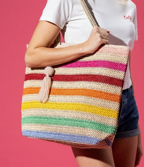 Multicolor Stripe Straw Bag-Pink