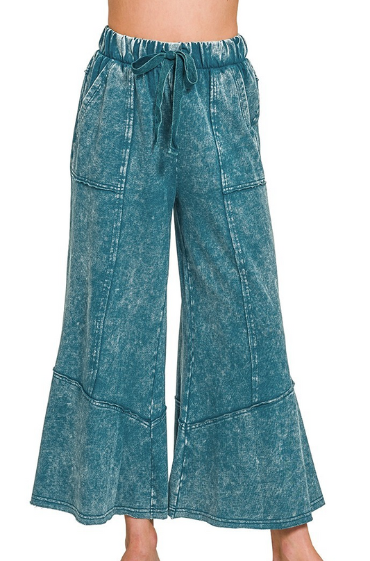 Acid Washed Exposed Seam Pants-Teal