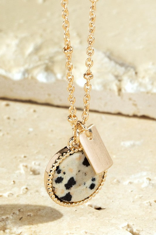 Round Stone & Bar Pendant Necklace-Dalmation