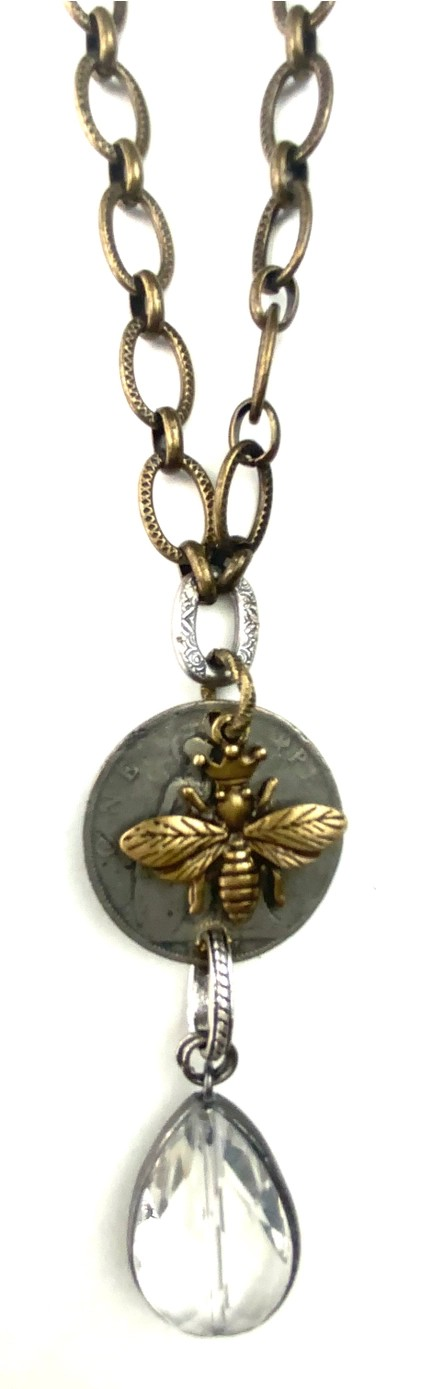 Bee Pendant With Glass Teardrop Necklace