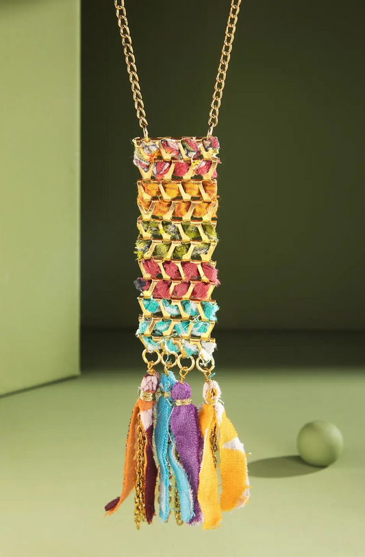 Multicolor woven tassel pendant necklace with gold chain and layered fabric fringe