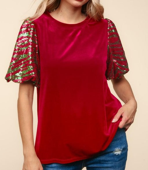 Velvet Top w/Bubble Sequin Sleeves