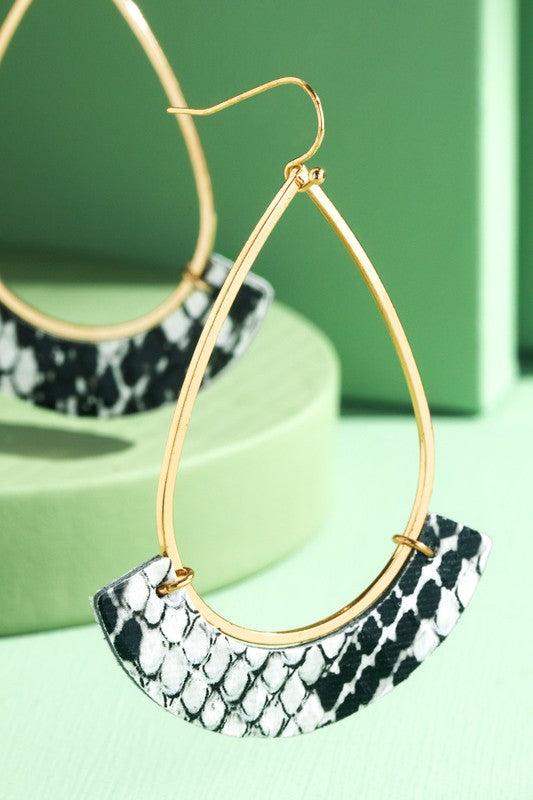 Metal and Faux Leather Teardrop Earrings-Snake