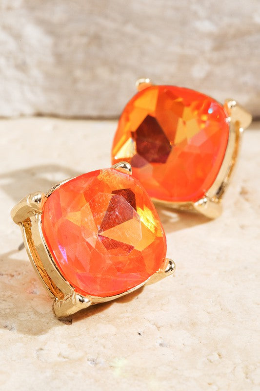 Faceted Glass Stud Earrings-Tangerine