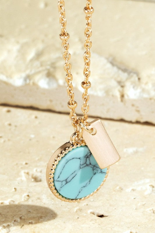 Round Stone & Bar Pendant Necklace-Turquoise