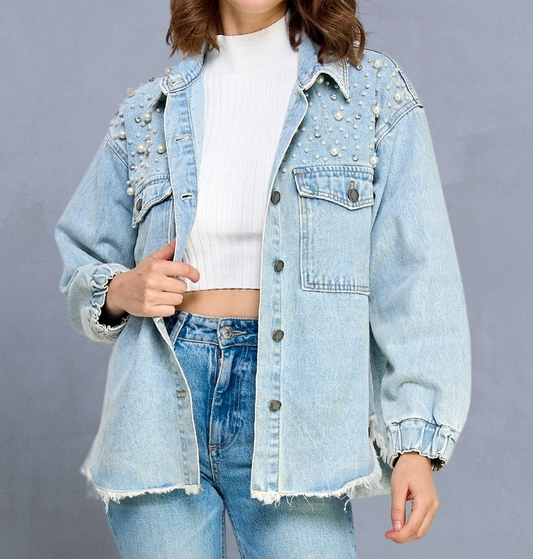 Pearl and Rhinestone Denim Shacket