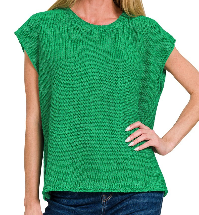 Green oversized crew neck sweater vest with textured knit and relaxed fit.