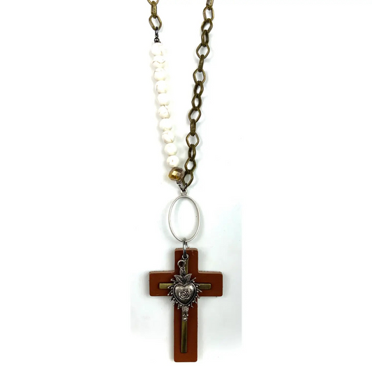 Metal & Pearl Necklace w/Large Leather Cross