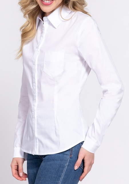 White fitted button-down shirt with collared neckline and front pocket.