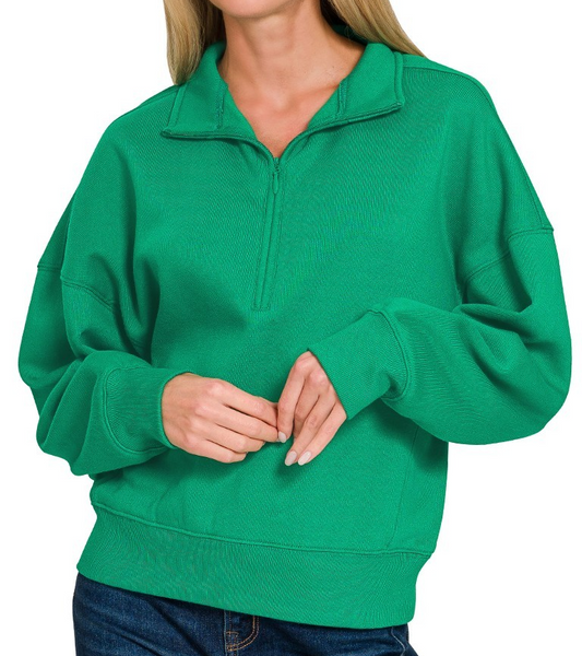 Fleece half-zip pullover with relaxed fit and ribbed cuffs and hem.