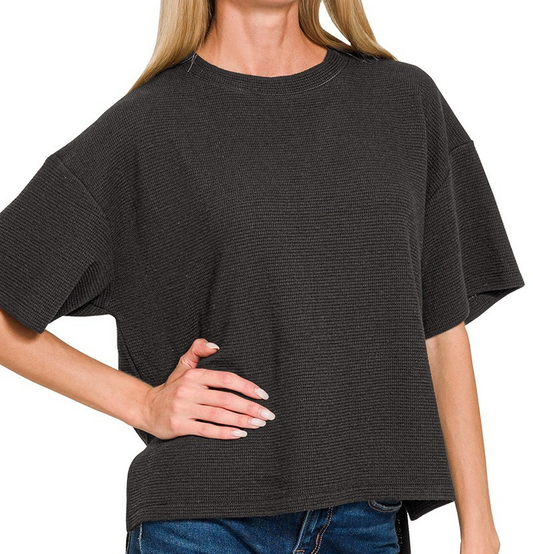 Zenana Waffle Knit Hi-Low Top-Black