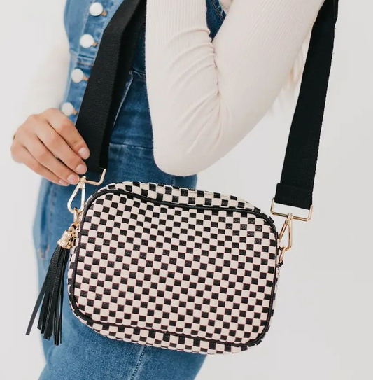 Woven Camera Crossbody Bag-Black Check