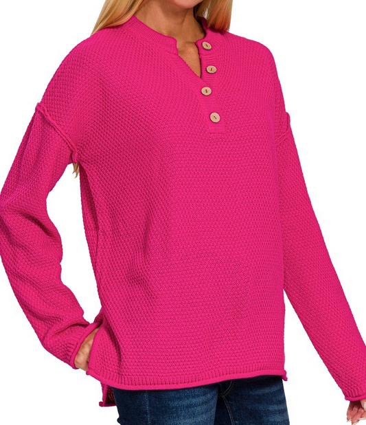 Pink Long Sleeve Button Henley Top