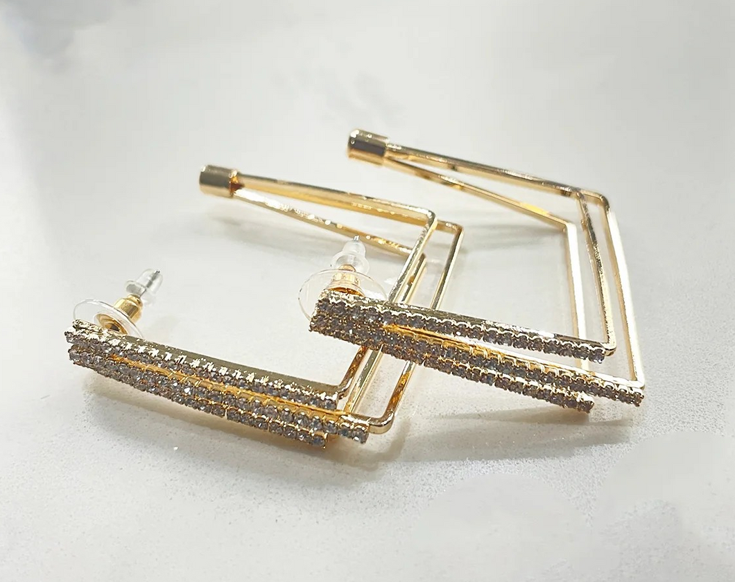 Gold/Crystal Square Hoop Earrings