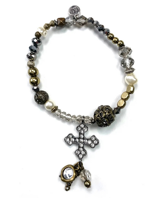 Thin Beaded Stretch Bracelet w/Rhinestone Cross