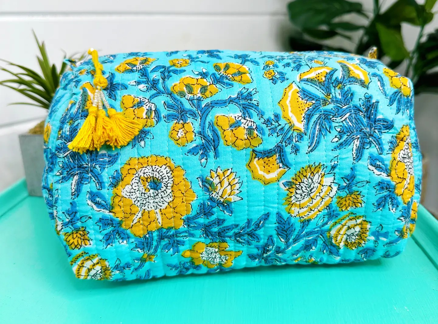 Aqua Yellow Floral Quilted Cosmetic Bag