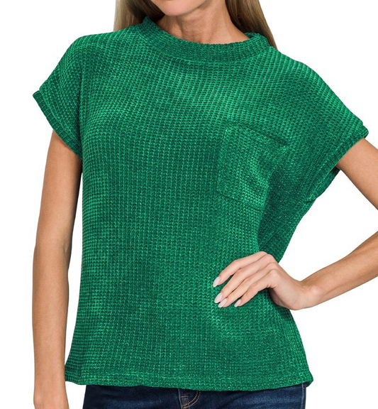 Chenille Waffle Cap Sleeve Sweater-Hunter Green